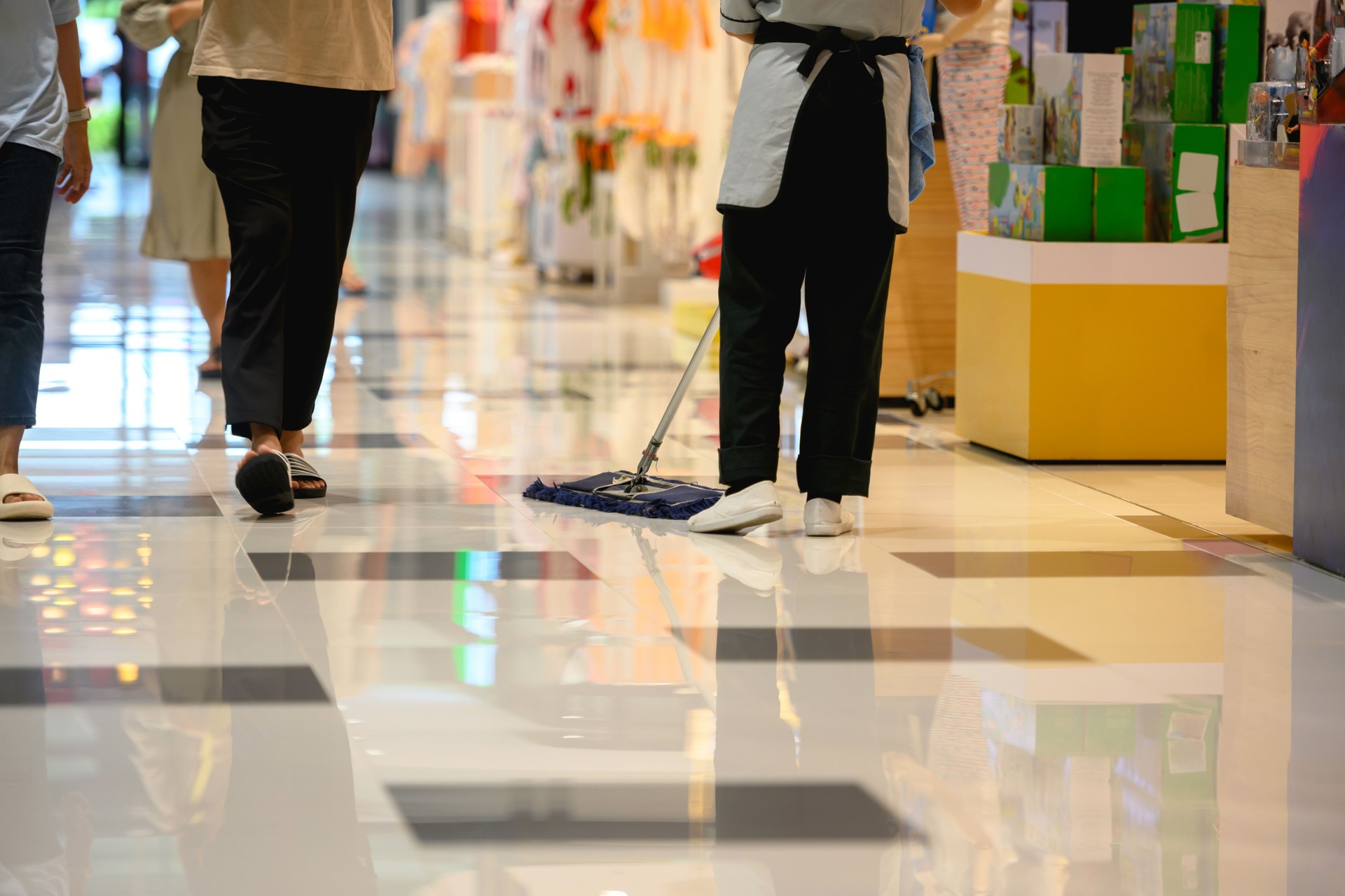 Sweeping the corridor in the shopping mall